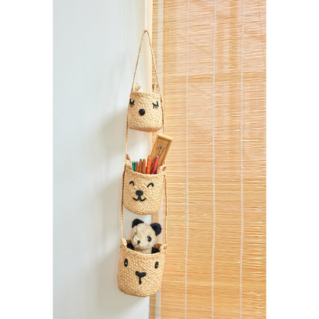 Rice Raffia 3-Tier Hanging Opbevaring Med Animal Faces I Natural