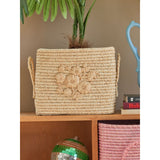 Rice Raffia Square Kurv I Nature Med Flower Embroidery - Raffia Håndtag