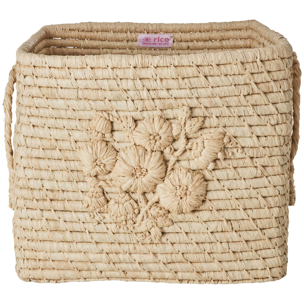 Rice Raffia Square Kurv I Nature Med Flower Embroidery - Raffia Håndtag