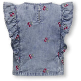 Kids ONLY MINI Medium Blue Denim Cherry Embroidery Dandy Flæse Cherry Top Denim
