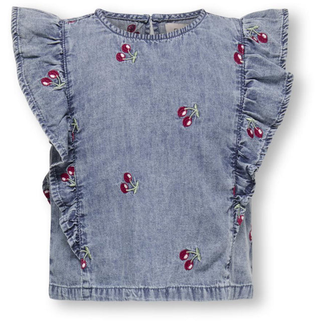 Kids ONLY MINI Medium Blue Denim Cherry Embroidery Dandy Flæse Cherry Top Denim