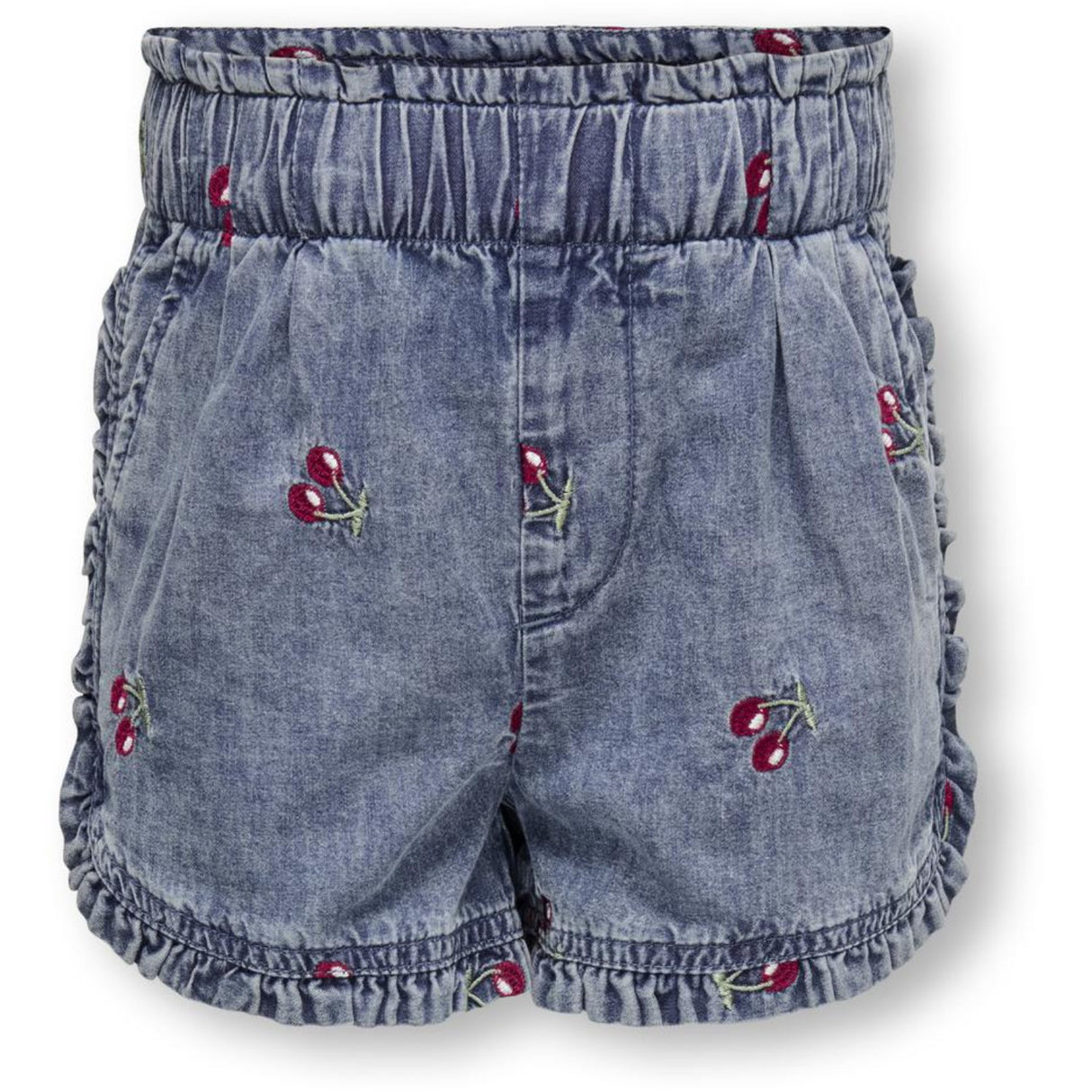 Kids ONLY MINI Medium Blue Denim Cherry Embroidery Dandy Cherry Flæse Denim Shorts