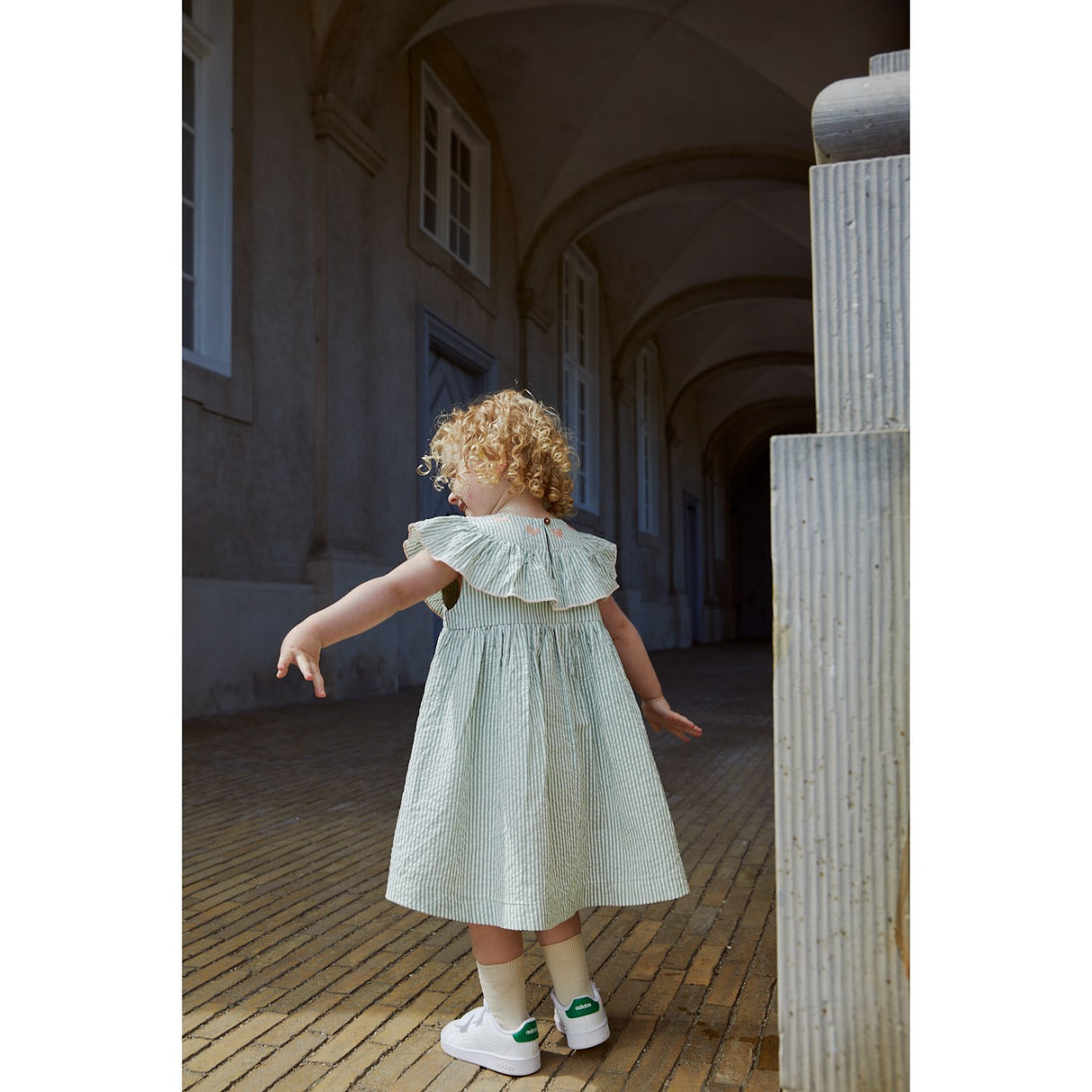 COPENHAGEN COLORS Green W Cream Stripe W. Dusty Rose Seersucker Kjole W. Heart