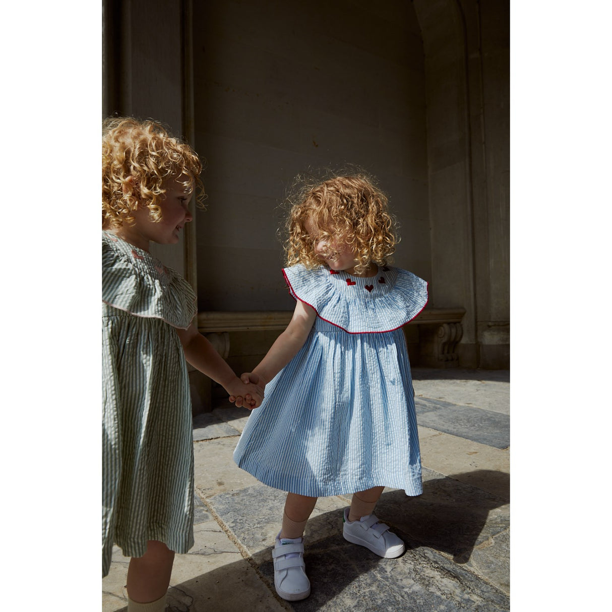 COPENHAGEN COLORS Green W Cream Stripe W. Dusty Rose Seersucker Kjole W. Heart