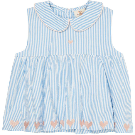COPENHAGEN COLORS Sky Blue W Cream Stripe W. Soft Pink Seersucker Ss Bluse W. Hearts