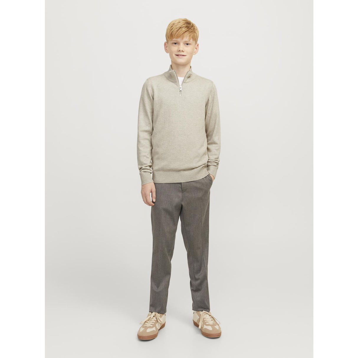 Jack & Jones Junior Oatmeal Melange Jjeemil Strik Half Zip Noos Jnr
