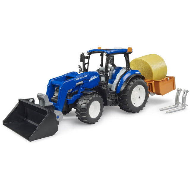Bruder New Holland T5.120 Med Slip-On Frontlæsser, Tømningskasse Og Gafler.
