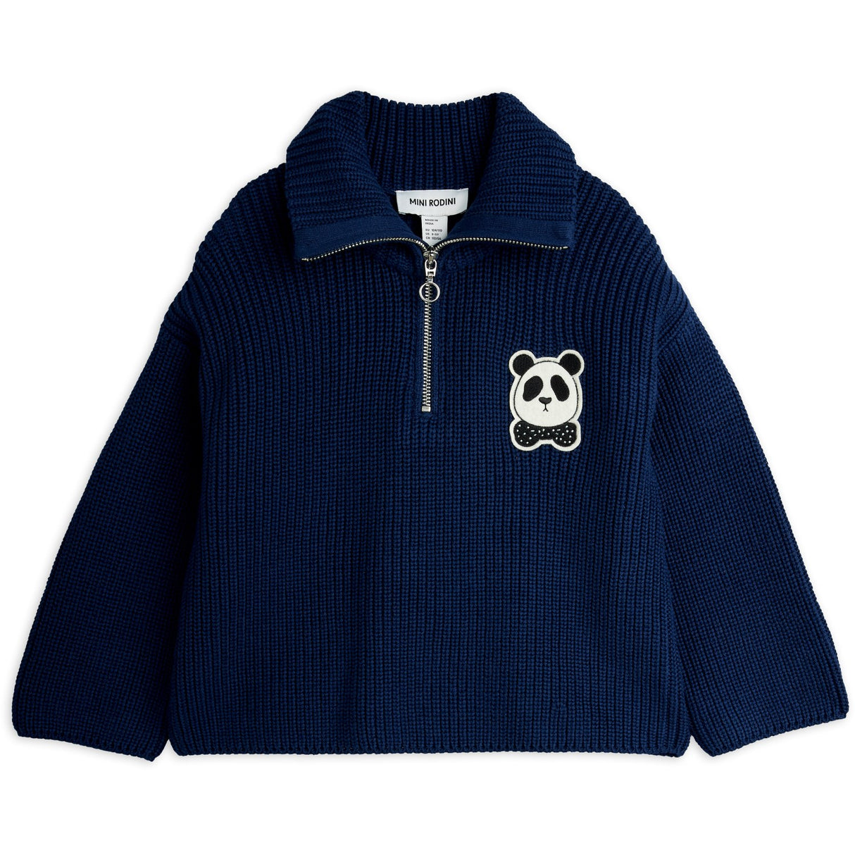 Mini Rodini Blue Panda Patch Chunky Strik Half Zip Sweater
