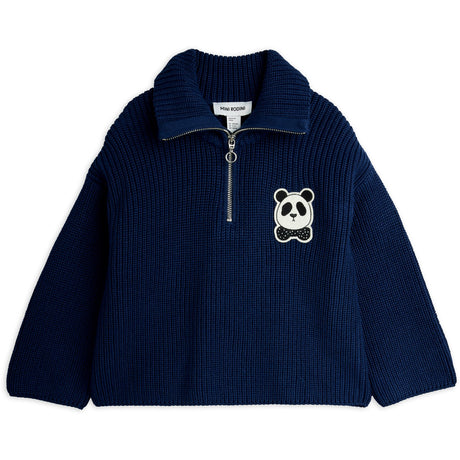 Mini Rodini Blue Panda Patch Chunky Strik Half Zip Sweater