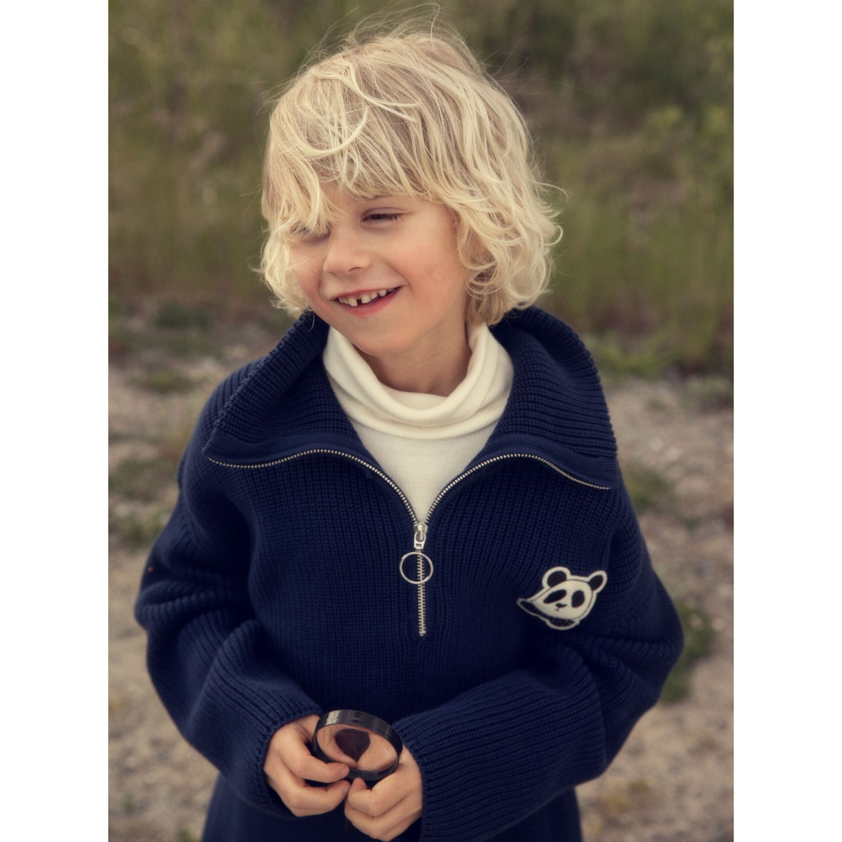 Mini Rodini Blue Panda Patch Chunky Strik Half Zip Sweater