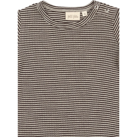 Petit Piao Coffee Bean/Dark Off White PPDante T-Shirt L/S Meriono Uld Striped