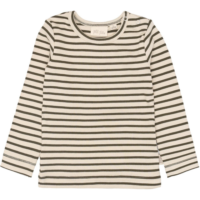 Petit Piao Green Leaf/off White T-shirt L/S Modal Striped
