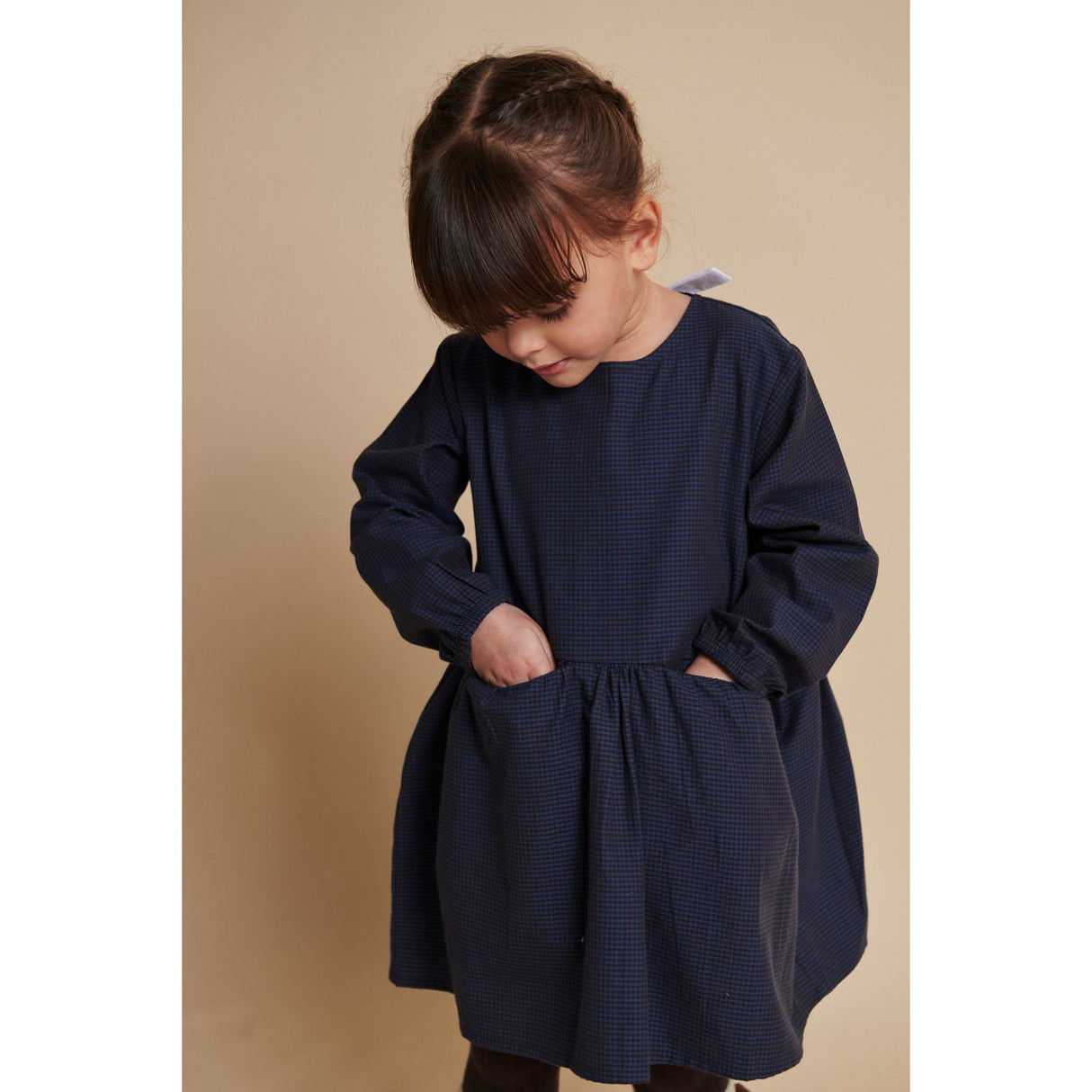 COPENHAGEN COLORS Brown/Blue Check Comb. Checkered Kjole W. Backside Sløjfe