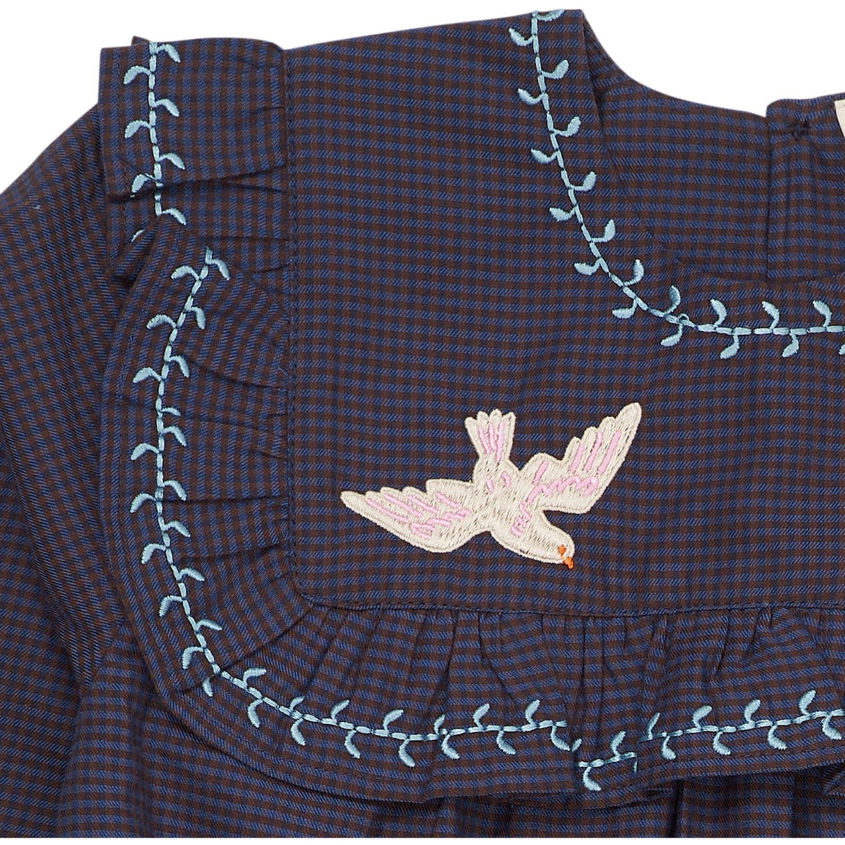 COPENHAGEN COLORS Brown/Blue Check Comb. Checkered Kjole W. Embroidery Og Ruffle