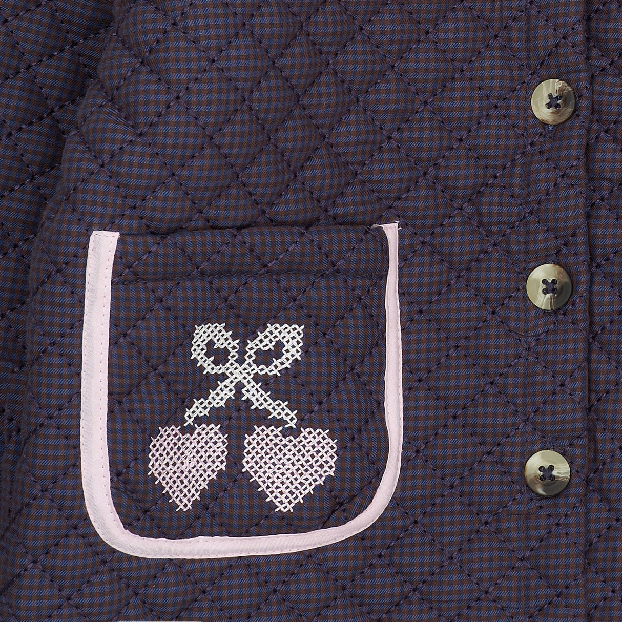 COPENHAGEN COLORS Brown/Blue Check Comb. Checkered Quiltet Jakke W. Embroidery
