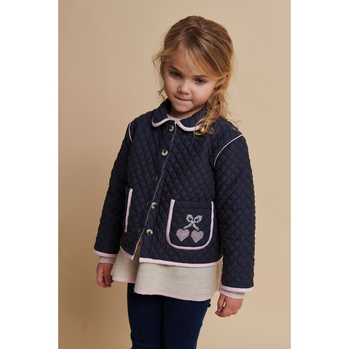 COPENHAGEN COLORS Brown/Blue Check Comb. Checkered Quiltet Jakke W. Embroidery