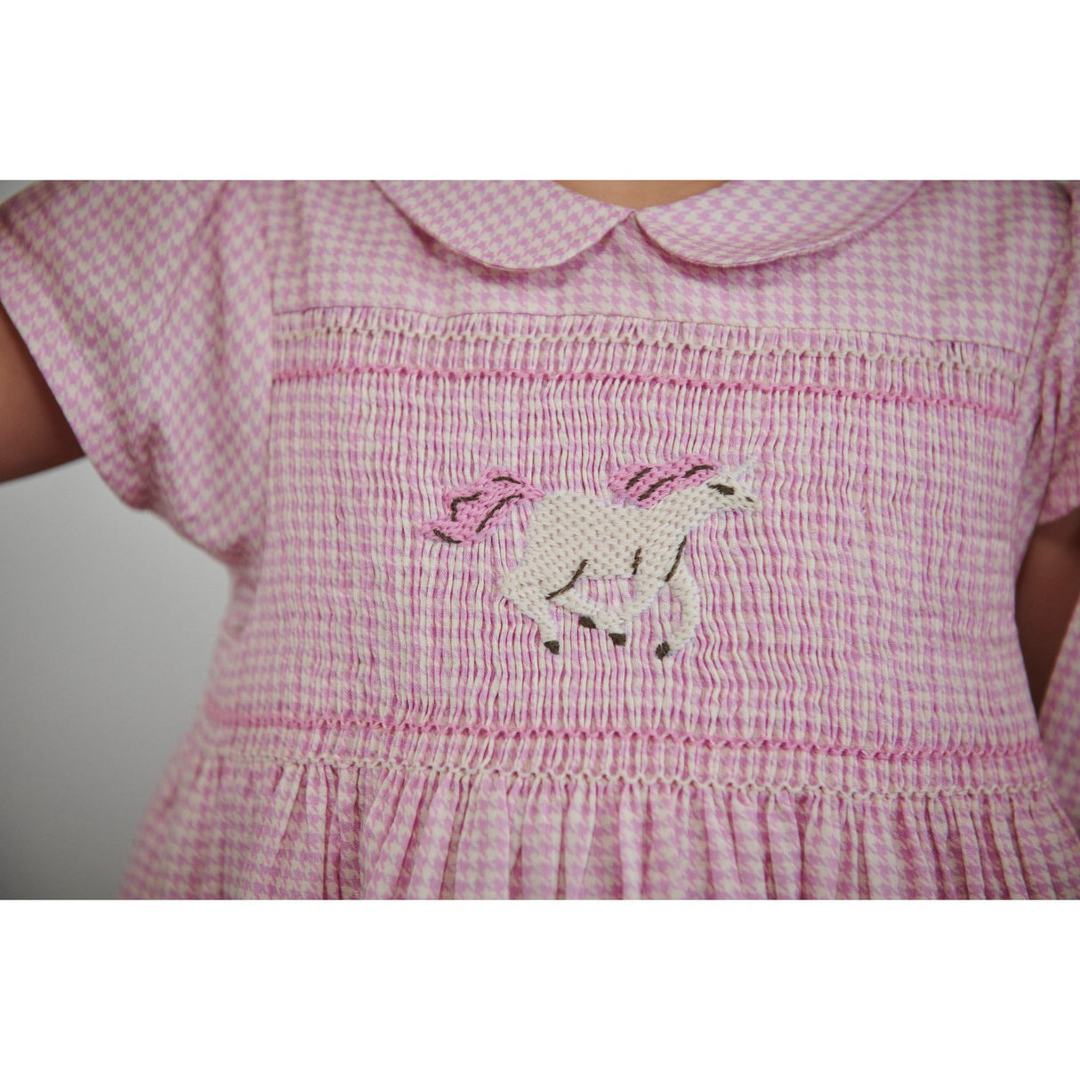 COPENHAGEN COLORS Syringa Comb. Houndstooth Kjole W. Handmade Unicorn Embroidery Og Smock