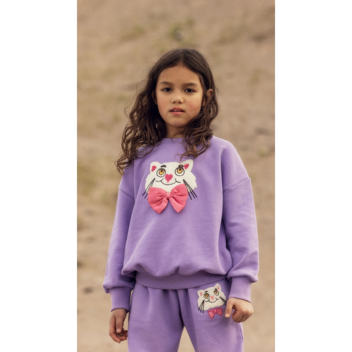 Mini Rodini Purple Cat Med Bowtie Chenille Sweatshirt