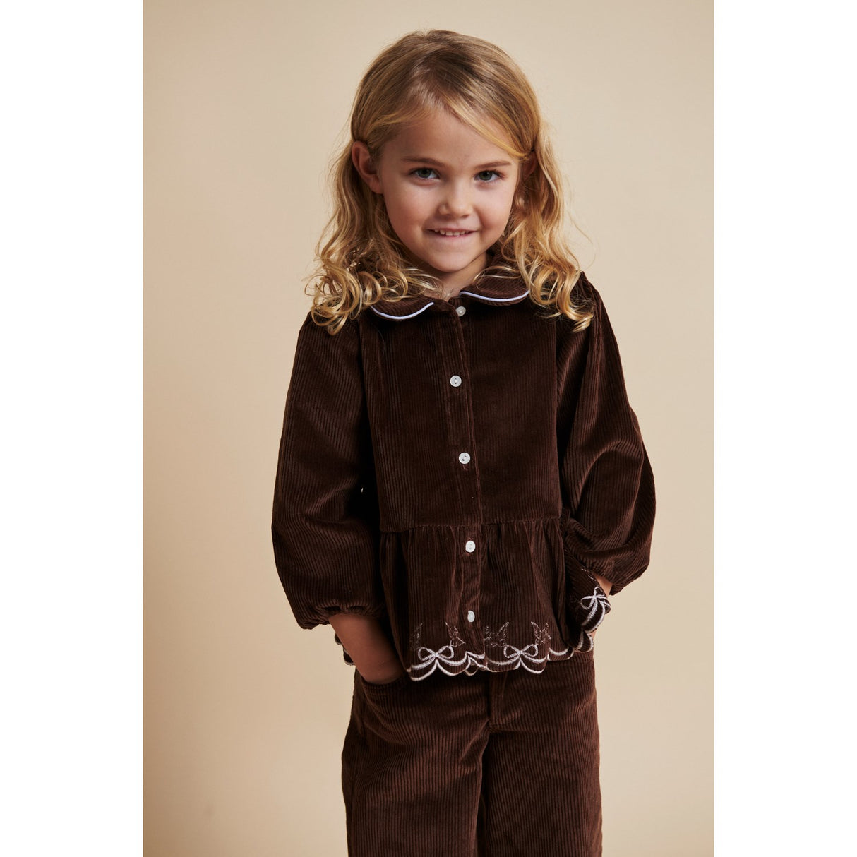 COPENHAGEN COLORS Dk Brown Comb Corduroy Bluse W. Emb.