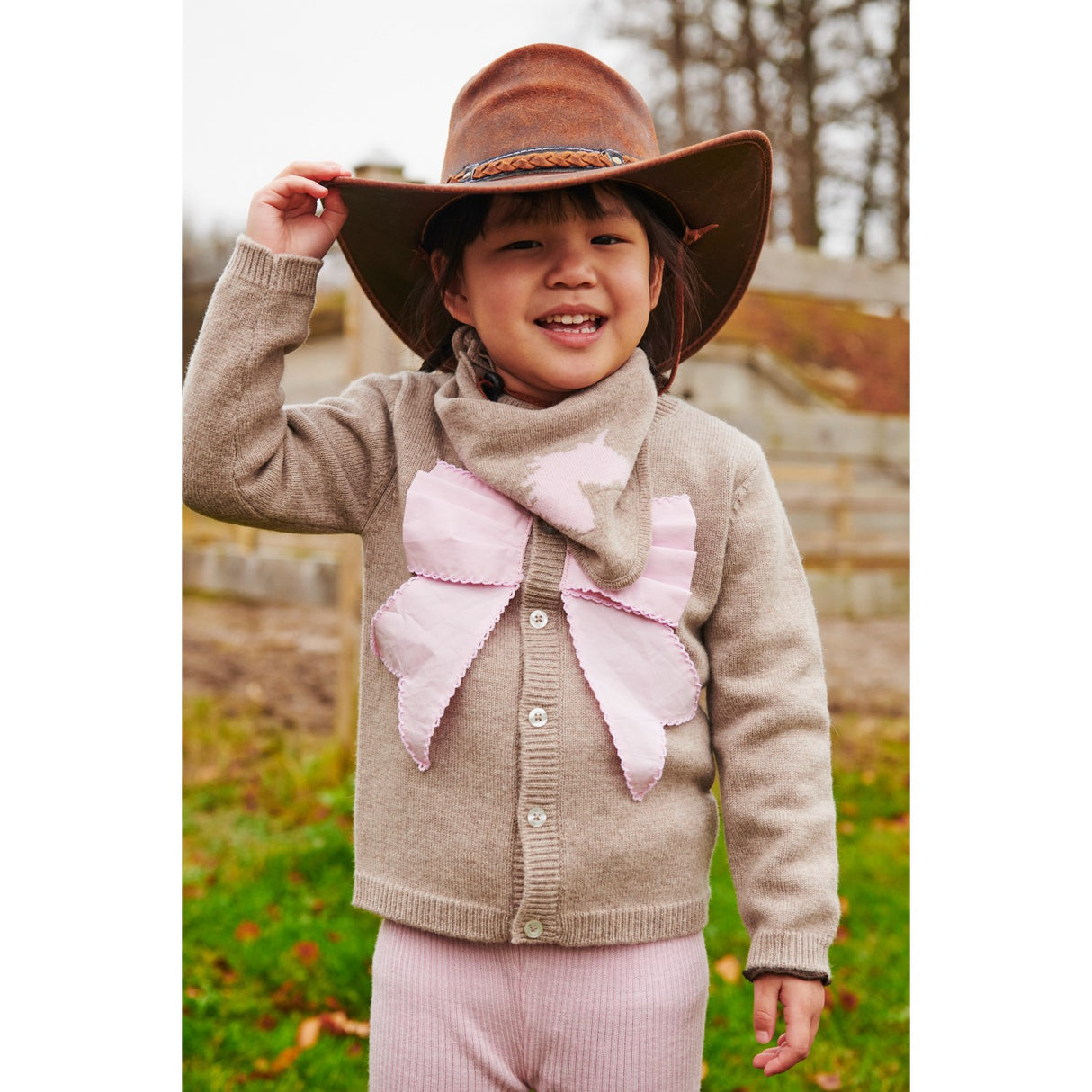 COPENHAGEN COLORS Sand/Lavender Comb. Cashmere Cardigan W. Poplin Sløjfe