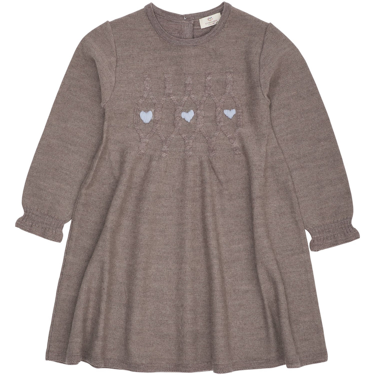 COPENHAGEN COLORS Natural Mel. W. Dusty Blue Heart Merino Ls Cable Kjole W. Hearts