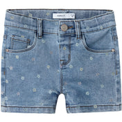 Name It Medium Blue Denim Flower Nmfsalli Slim Dnm Shorts 3555-On Noos