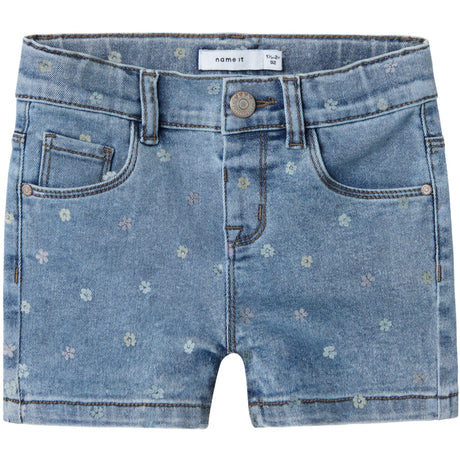 Name It Medium Blue Denim Flower Nmfsalli Slim Dnm Shorts 3555-On Noos