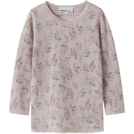 Name It Violet Ice Flowers + Leafs Nmfwang Uld Needle Ls Top Noos