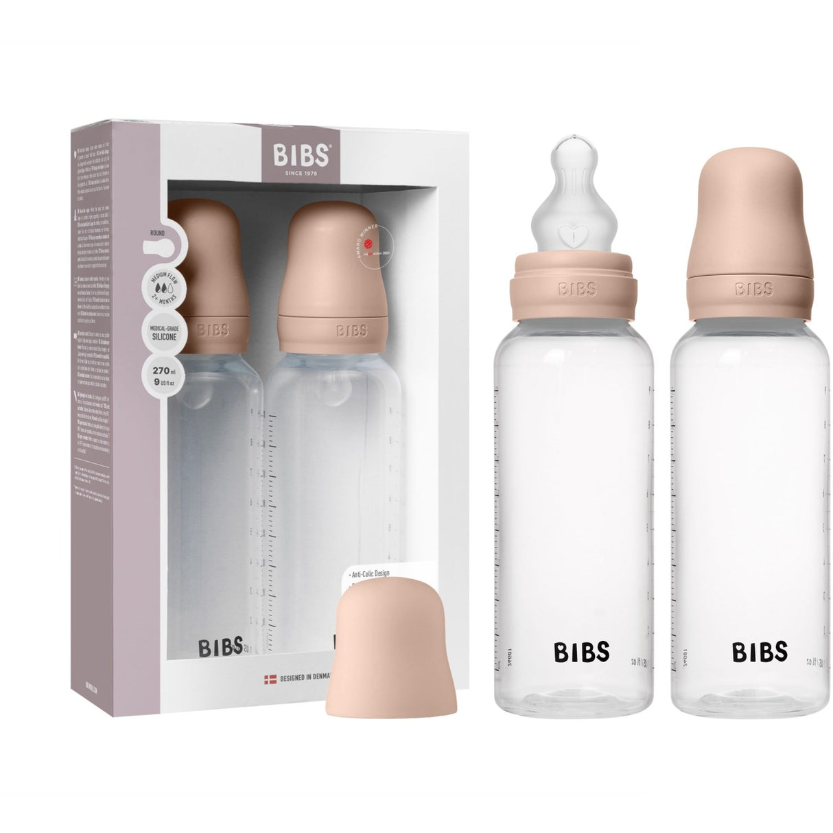 Bibs Blush Baby Flaske Round Silikone 2-Pak 270 Ml Medium Flow