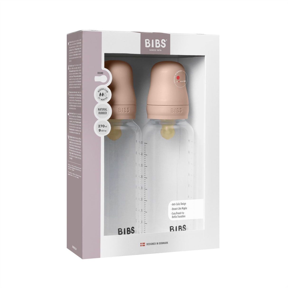 Bibs Blush Baby Flaske Round Latex 2-Pak 270 Ml Medium Flow
