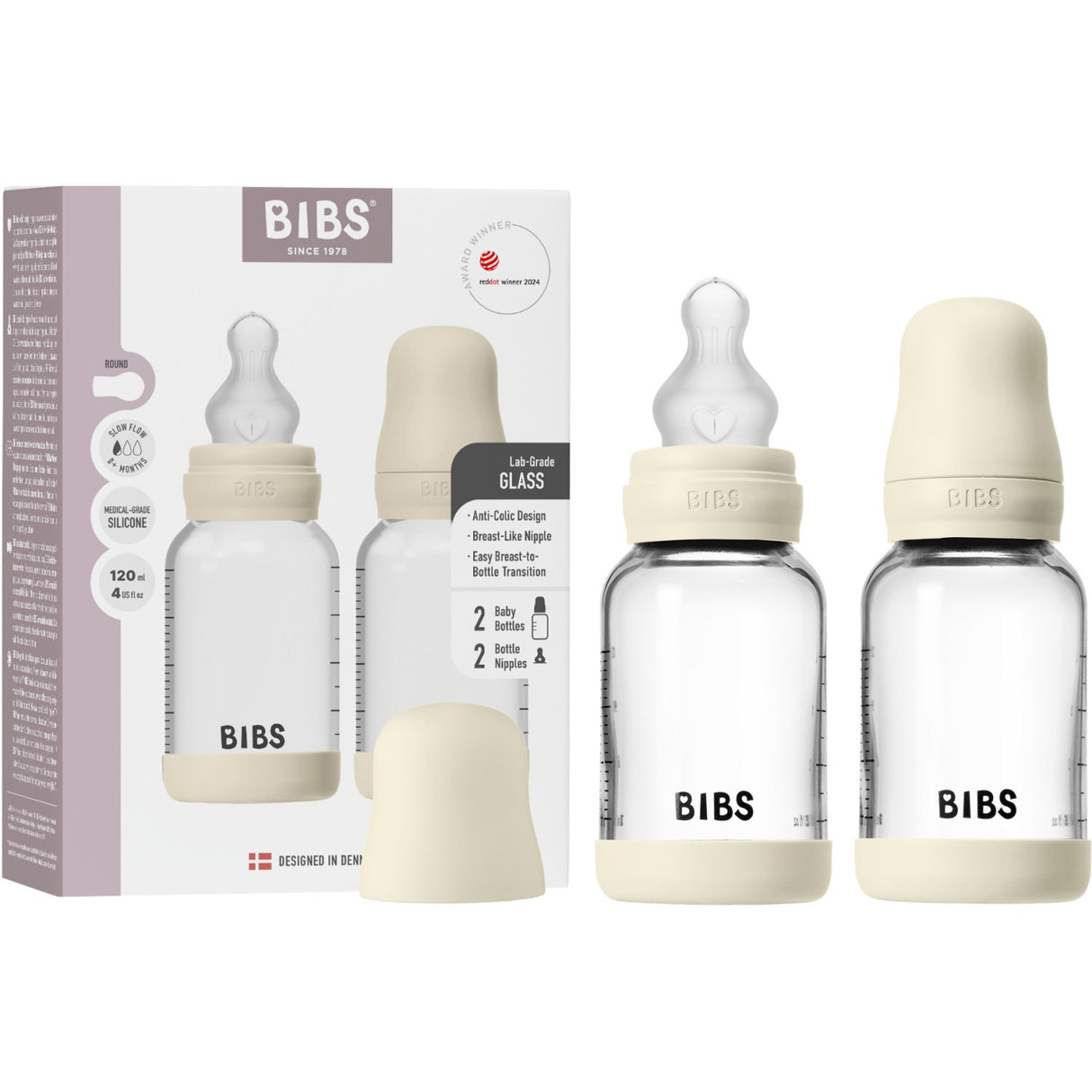 Bibs Ivory Glass Baby Flaske Round Silikone 2-Pak 120 Ml Slow Flow
