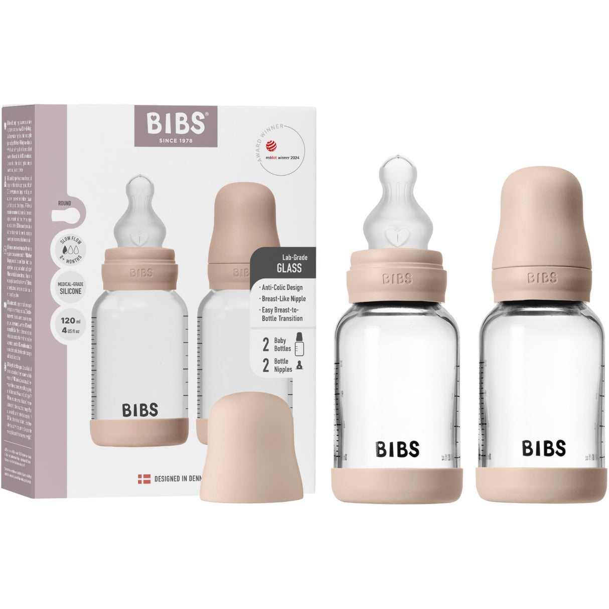 Bibs Blush Glass Baby Flaske Round Silikone 2-Pak 120 Ml Slow Flow