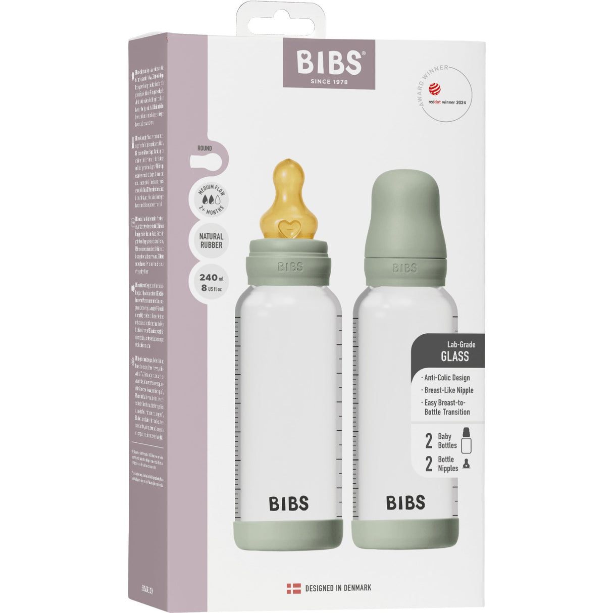 Bibs Sage Glass Baby Flaske Round Latex 2-Pak 240 Ml Medium Flow