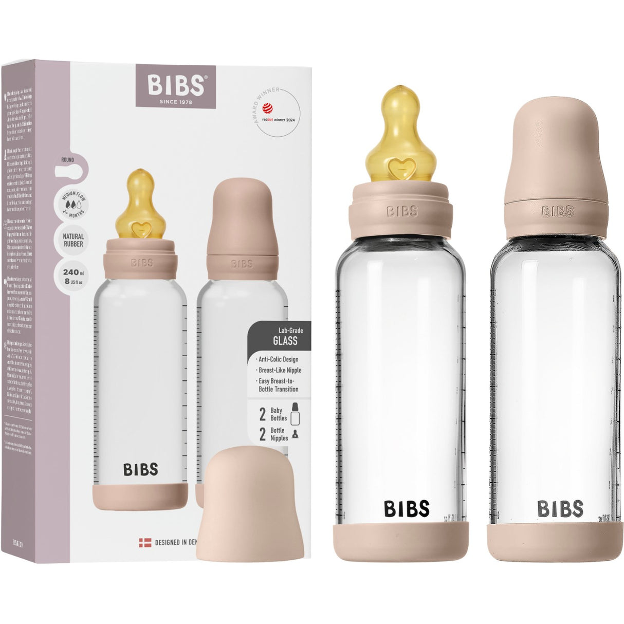 Bibs Blush Glass Baby Flaske Round Latex 2-Pak 240 Ml Medium Flow