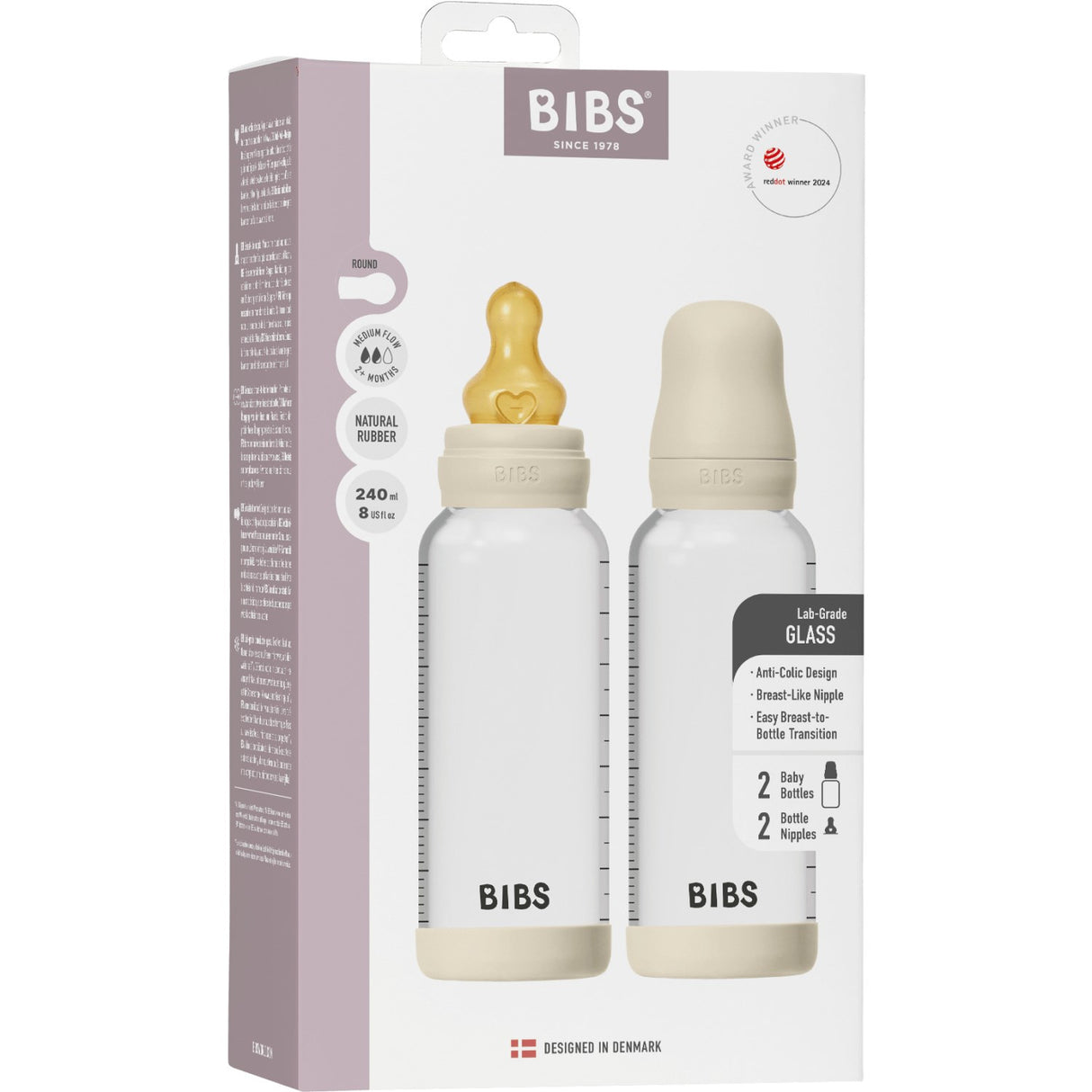 Bibs Ivory Glass Baby Flaske Round Latex 2-Pak 240 Ml Medium Flow