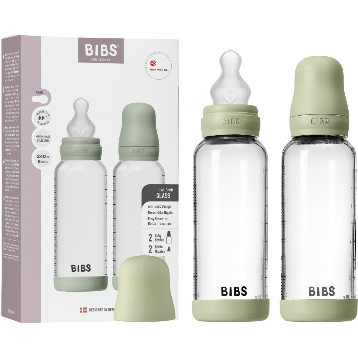 Bibs Sage Glass Baby Flaske Round Silikone 2-Pak 240 Ml Medium Flow