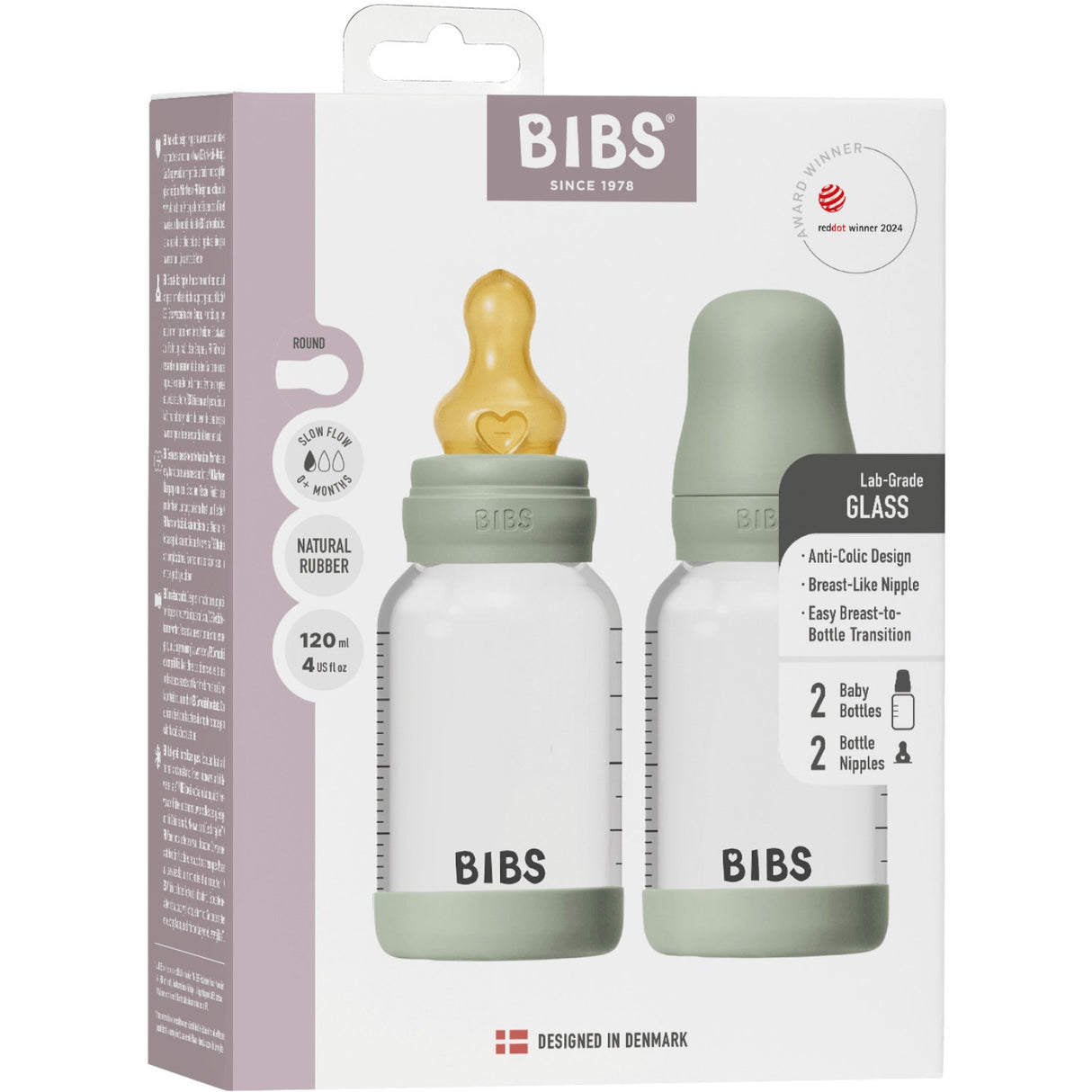 Bibs Sage Glass Baby Flaske Round Latex 2-Pak 120 Ml Slow Flow
