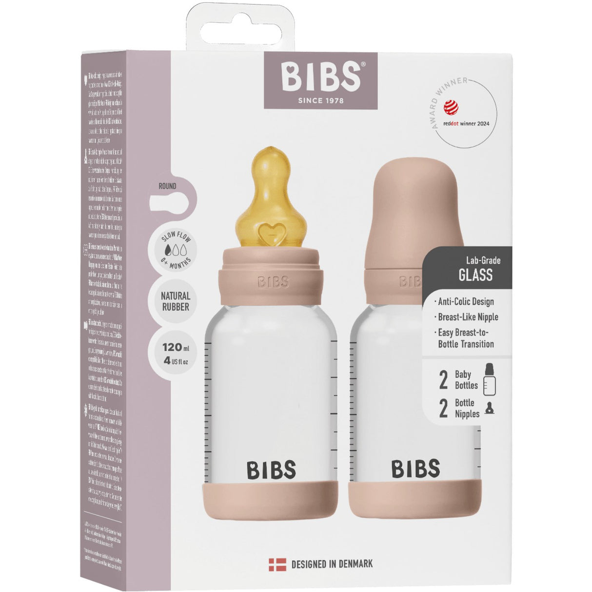 Bibs Blush Glass Baby Flaske Round Latex 2-Pak 120 Ml Slow Flow