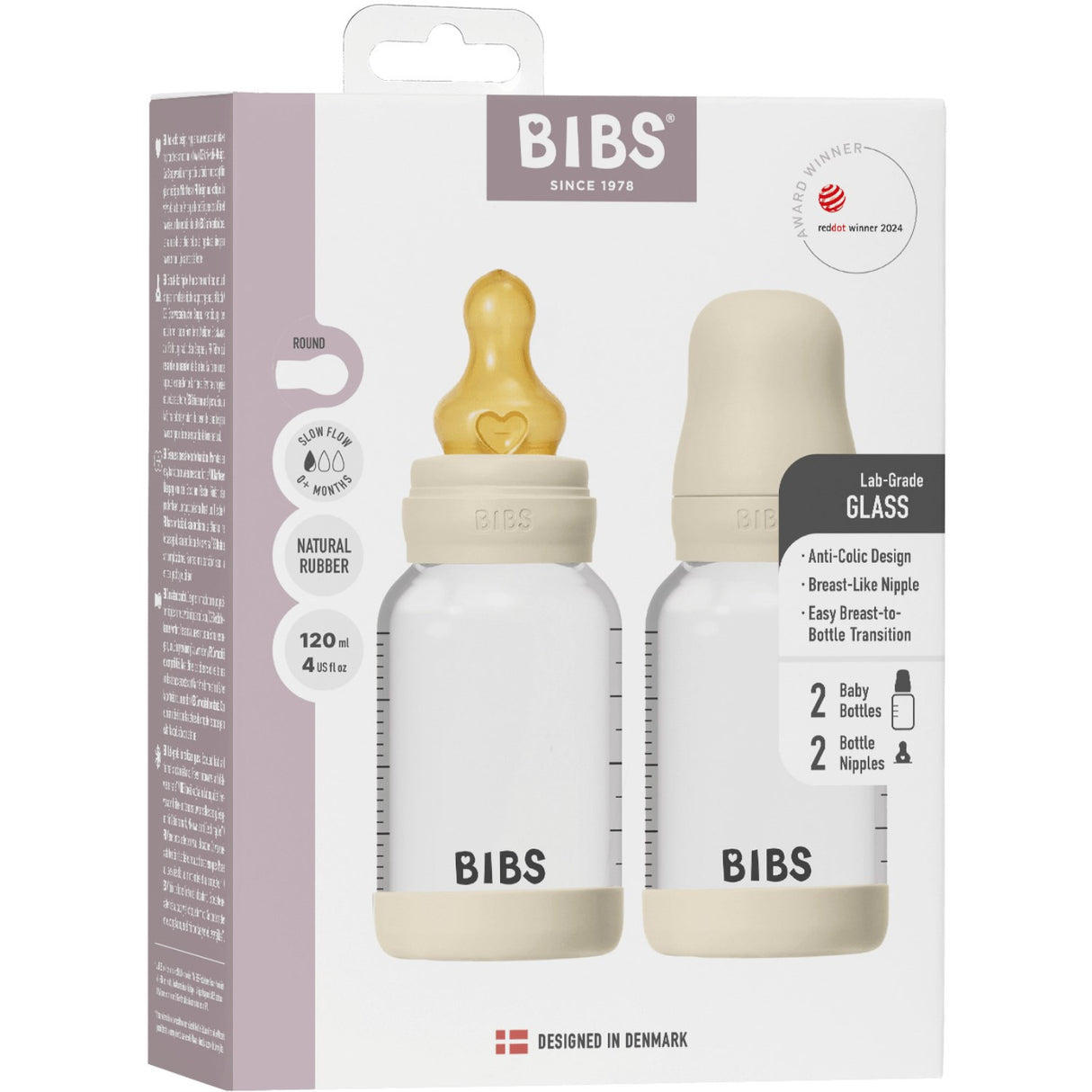 Bibs Ivory Glass Baby Flaske Round Latex 2-Pak 120 Ml Slow Flow