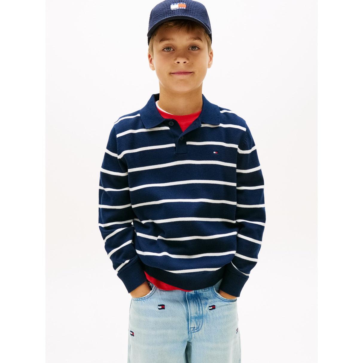 Tommy Hilfiger Dark Night Navy Stripe Polo Krave Sweater Ls