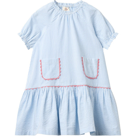 COPENHAGEN COLORS Sky Blue W Cream Stripe Seersucker Kjole W. Pockets