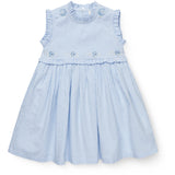 COPENHAGEN COLORS Sky Blue W Cream Stripe Seersucker Kjole W. Ruffles Og Emb.