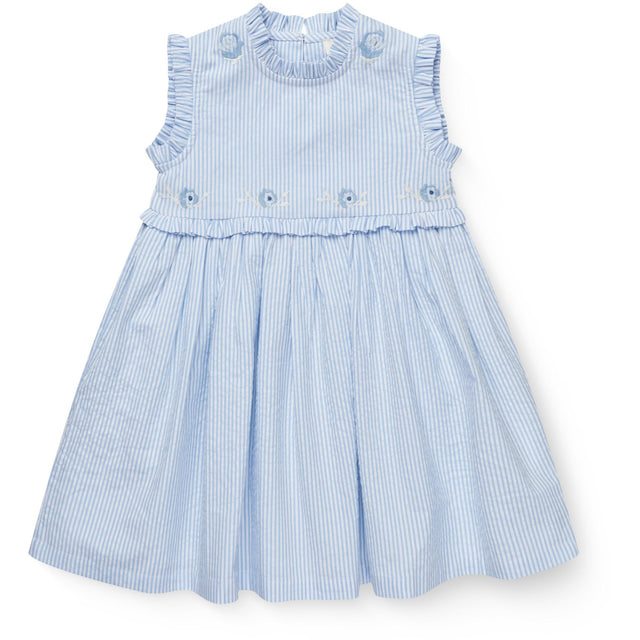 COPENHAGEN COLORS Sky Blue W Cream Stripe Seersucker Kjole W. Ruffles Og Emb.