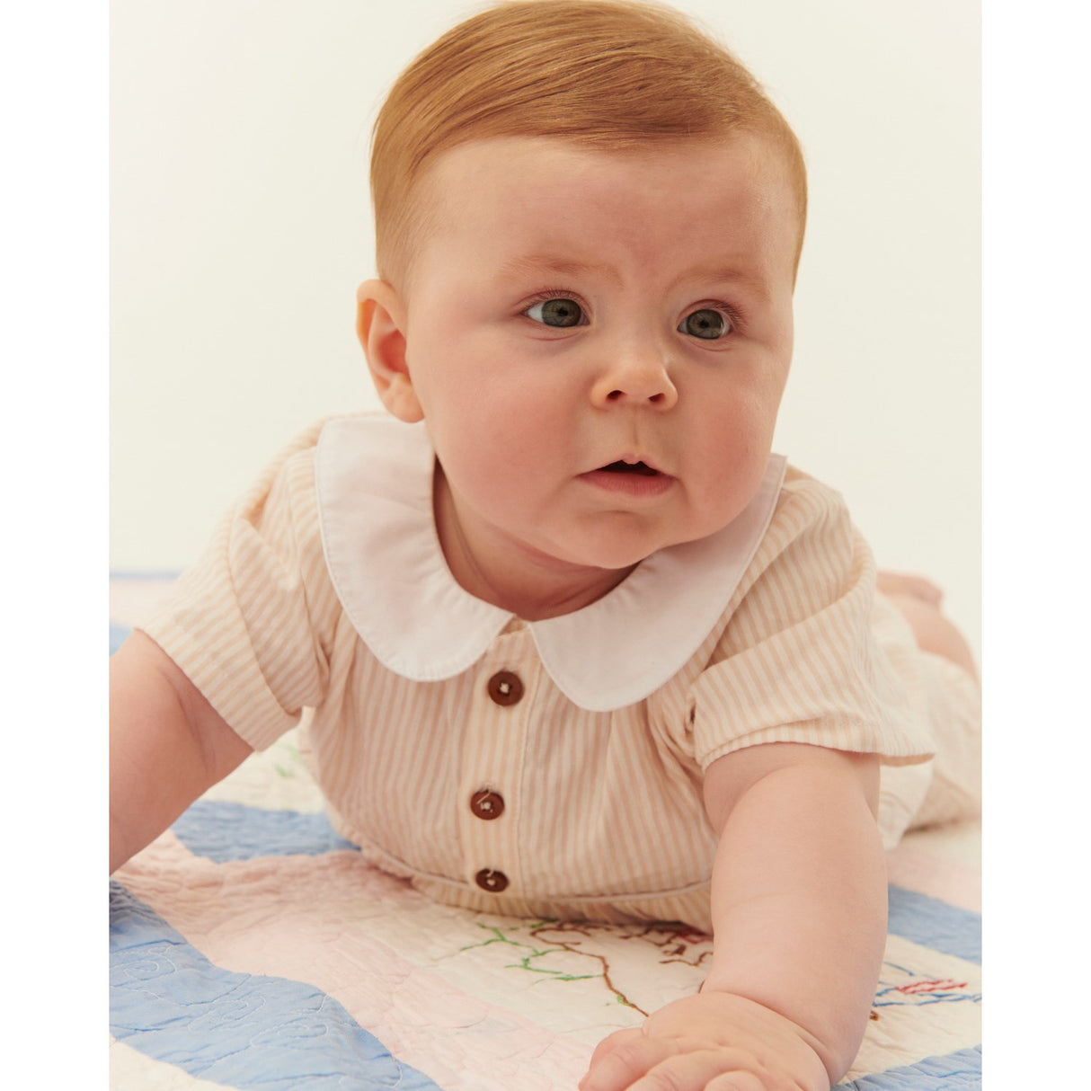 COPENHAGEN COLORS Dusty Rose W Cream Stripe Seersucker Romper W. Krave