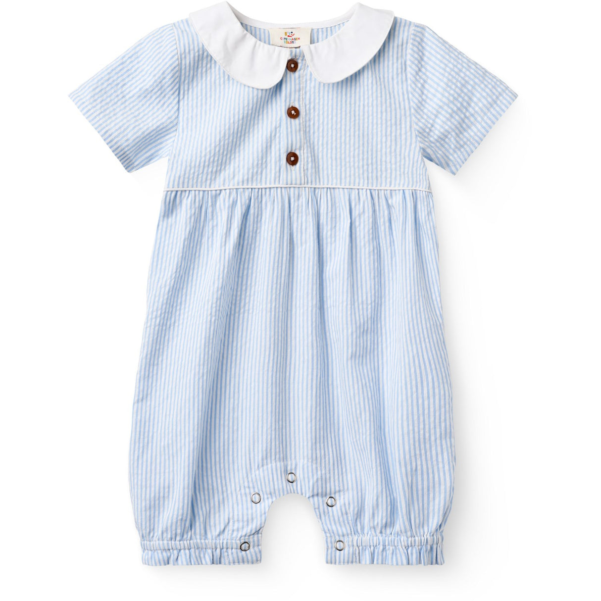 COPENHAGEN COLORS Sky Blue W Cream Stripe Seersucker Romper W. Krave