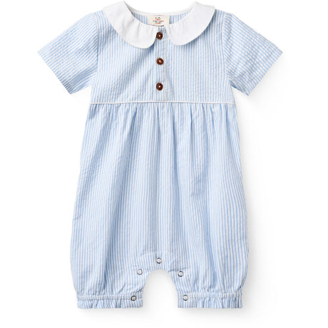 COPENHAGEN COLORS Sky Blue W Cream Stripe Seersucker Romper W. Krave