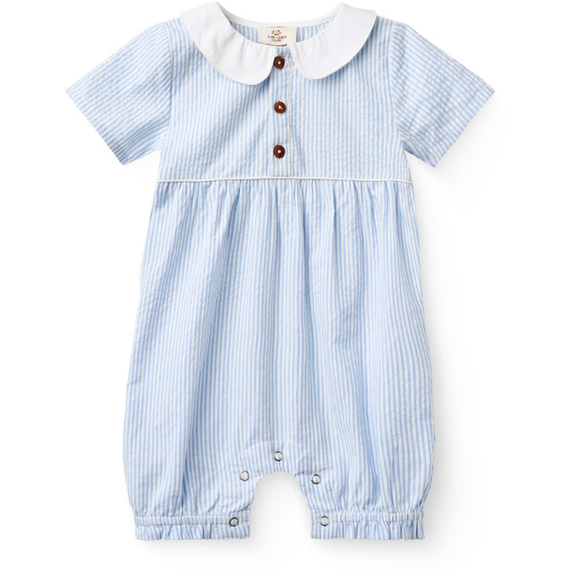 COPENHAGEN COLORS Sky Blue W Cream Stripe Seersucker Romper W. Krave