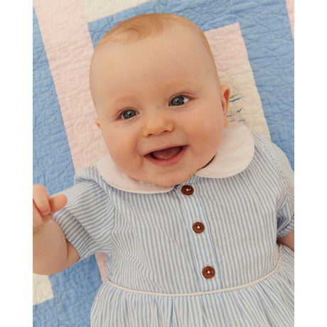 COPENHAGEN COLORS Sky Blue W Cream Stripe Seersucker Romper W. Krave