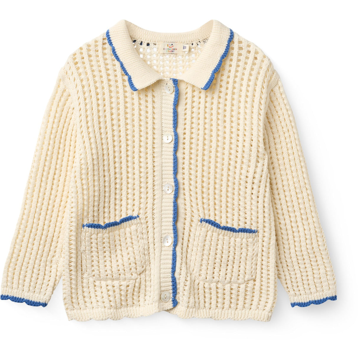 COPENHAGEN COLORS Cream W Ocean Blue Crochet Ls Cardigan