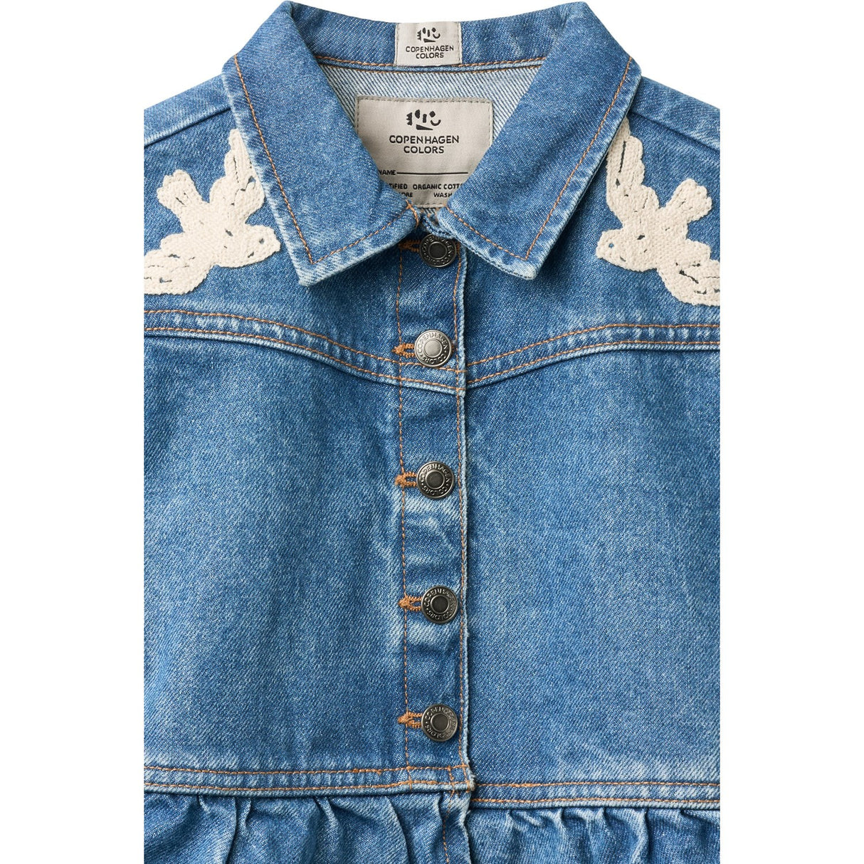 COPENHAGEN COLORS Indigo Blue Washed Denim Flæse Jakke W. Crochet Doves